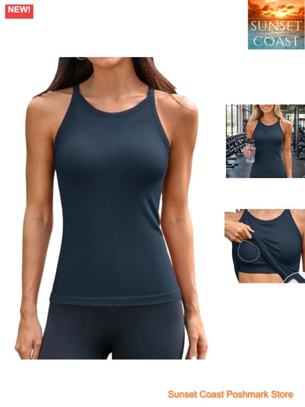 Ribbed Racerback Tank Top with Built in Bra Seamless Nylon Spandex Athletic Yoga